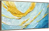 Nicetop Extra Large Framed Abstract Canvas Wall Art – Blue Gold Modern Oversized Picture Flowing Lines Art Print – Horizontal Wall Decor with Wood Frame for Living Room Bedroom Home Office 58x29Inch