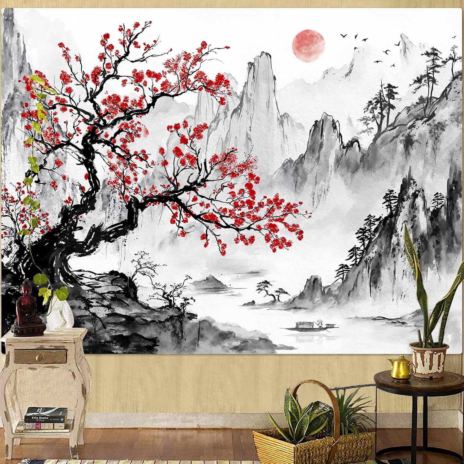 Wegklazax Japanese Tapestry Moon Landscape Dragon Ninja Tapestry for Bedroom Anime Tapestries Wall Hanging for Bedroom Living Room Japanese-D 70"x90"