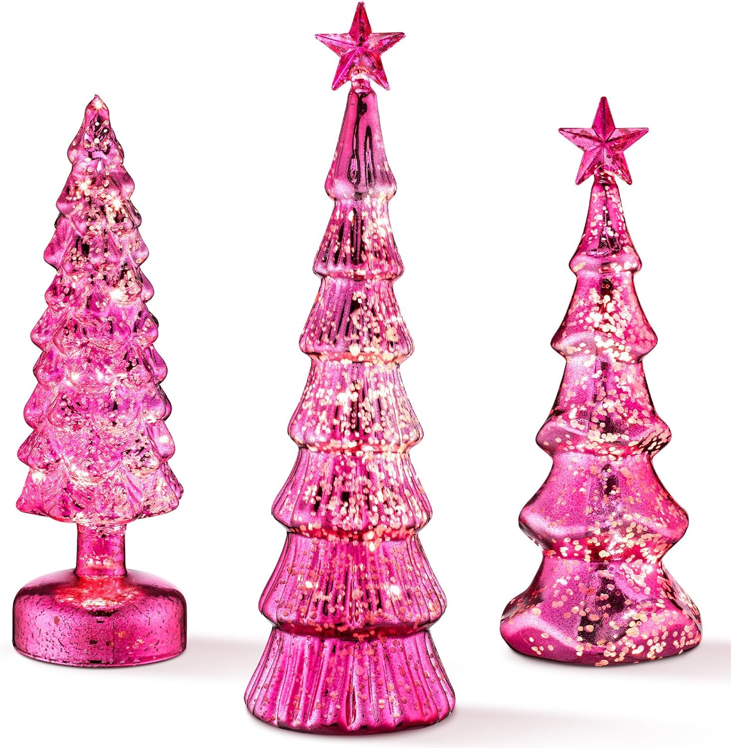 Funnymoom 3 Pack Glass Christmas Trees Decor Lighted Christmas Tree Tabletop Glitter Centerpiece Decoration Glass Xmas Tree Figurines Holiday Ornament for Table Mantle Fireplace(Pink,Classic)