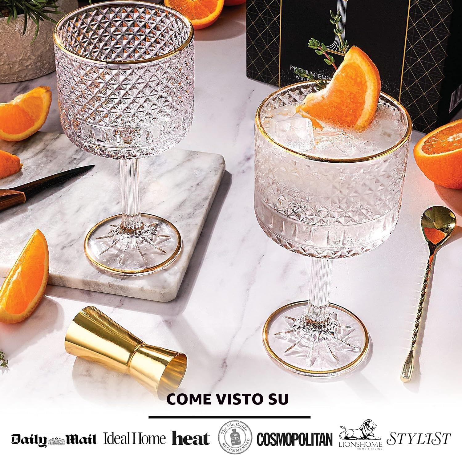 Set Bicchieri Gin Tonic di Lusso | 2 Bicchieri con Decorazioni Dorate (450ml) | 3 Bordi Oro, Cucchiaio Bar e Misurino | Kit Gin Tonic Regalo | Bicchiere per Aperitivo | Ideale per Fare un Regalo