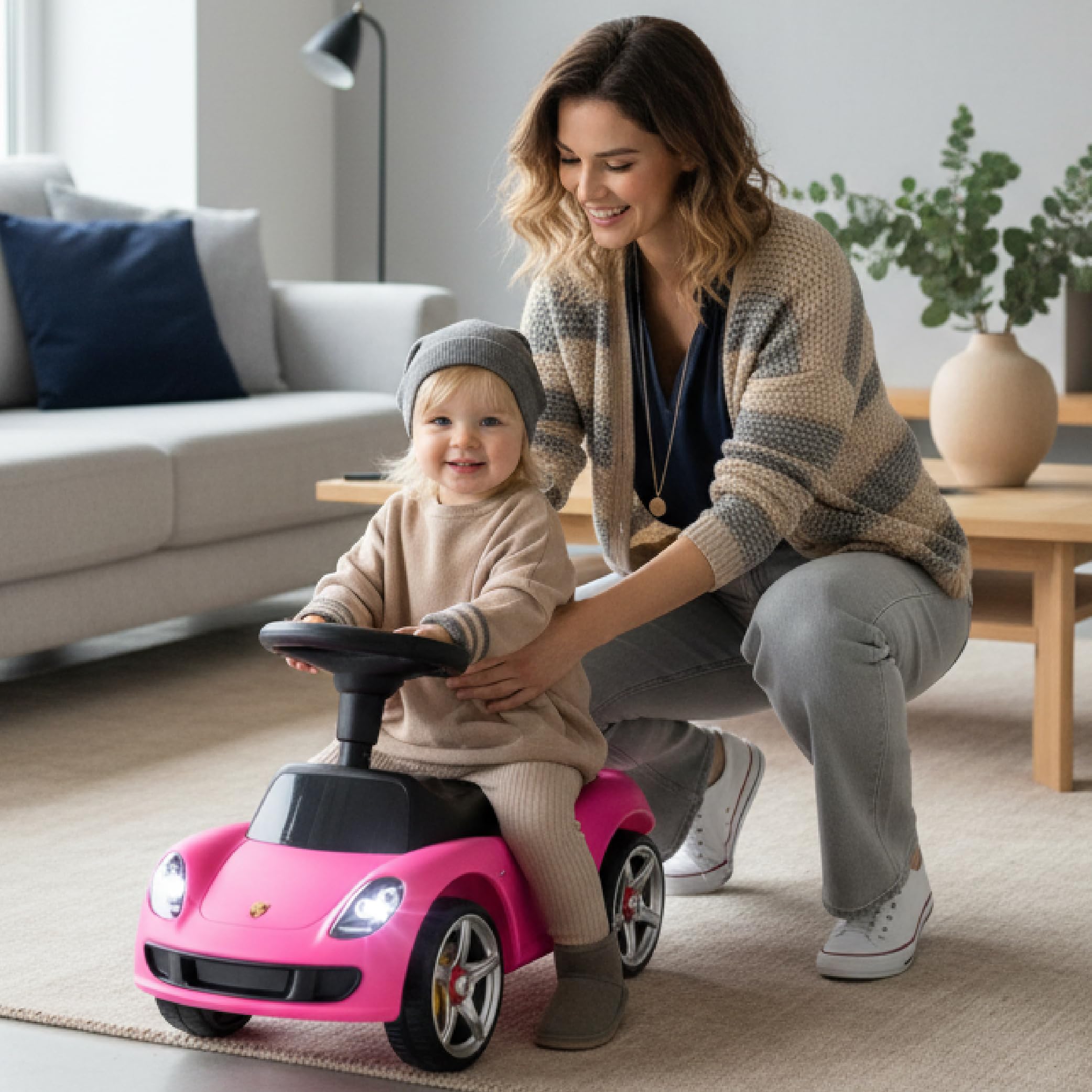 sun baby Rutschauto ab 18 Monaten – Porsche Carrera GT – Lenkrad mit Knöpfen, Scheinwerfer, realistische Aufkleber, bis 30 kg, Rosa