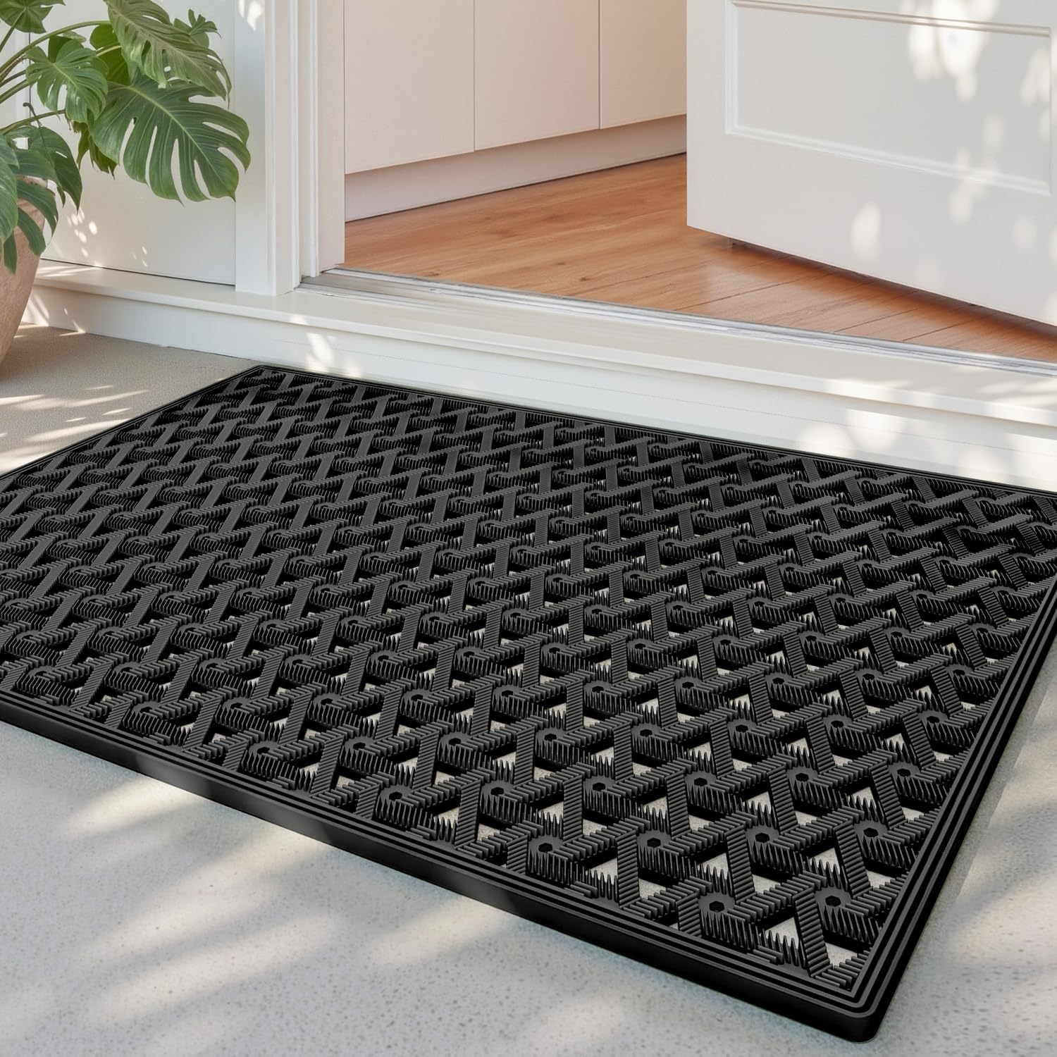 DEXI Fußmatte Außen 48,5 x 75 cm, rutschfeste Schmutzfangmatte mit Drainagelöchern, Wasserdicht & Wetterfest, Robuste Türmatte für Haustür, Eingang, Terrasse & Balkon, Schwarz