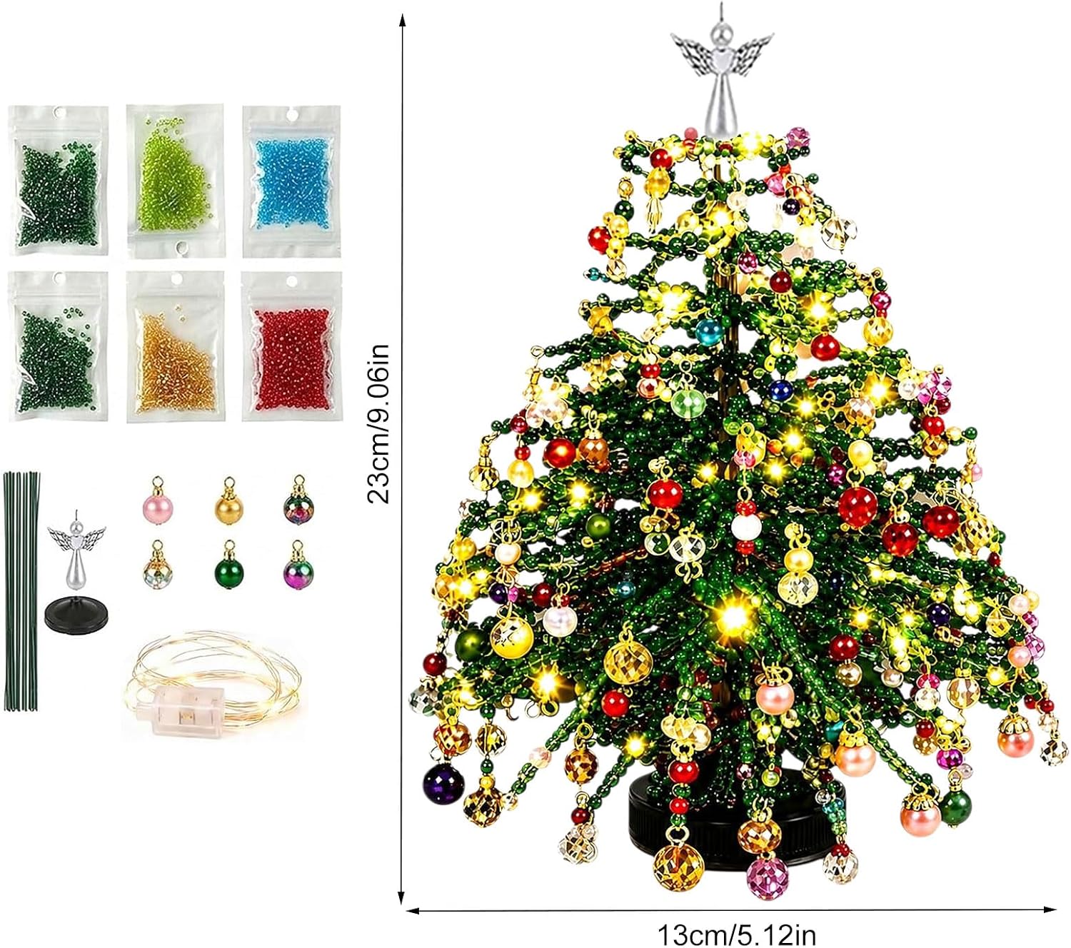 2027 Upgraded DIY Beaded Christmas Tree Kit with Lights, Handmade Mini Desk Xmas Bead Art, 3D Crystal Bead Christmas Tree Making Kit, Tabletop Christmas Decoration, for Family, Green