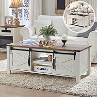 OKD 48" Farmhouse Lift Top Coffee Table with Sliding Barn Door, Hidden Storage & Adjustable Shelves - Antique White Rustic Living Room Table