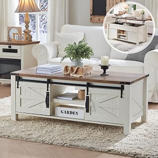 OKD 48" Farmhouse Lift Top Coffee Table with Sliding Barn Door, Hidden Storage & Adjustable Shelves - Antique White Rustic Living Room Table