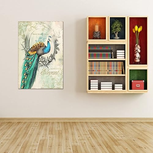 Miniatura 102 de Looife Lienzo decorativo para pared de pavo real, 16 x 32 pulgadas, pájaros verde azulado con flores, decoración de pared para decoración de DW148