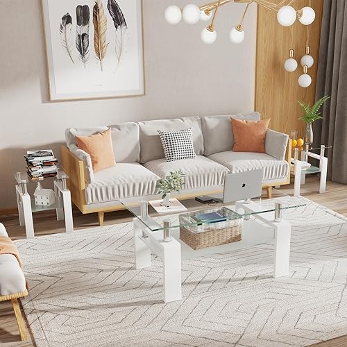 Miniatura 2 de Meihua Juego de 3 mesas auxiliares de cristal y mesa auxiliar, moderno juego de mesa de sala de estar con marco de vidrio templado y metal, mesa