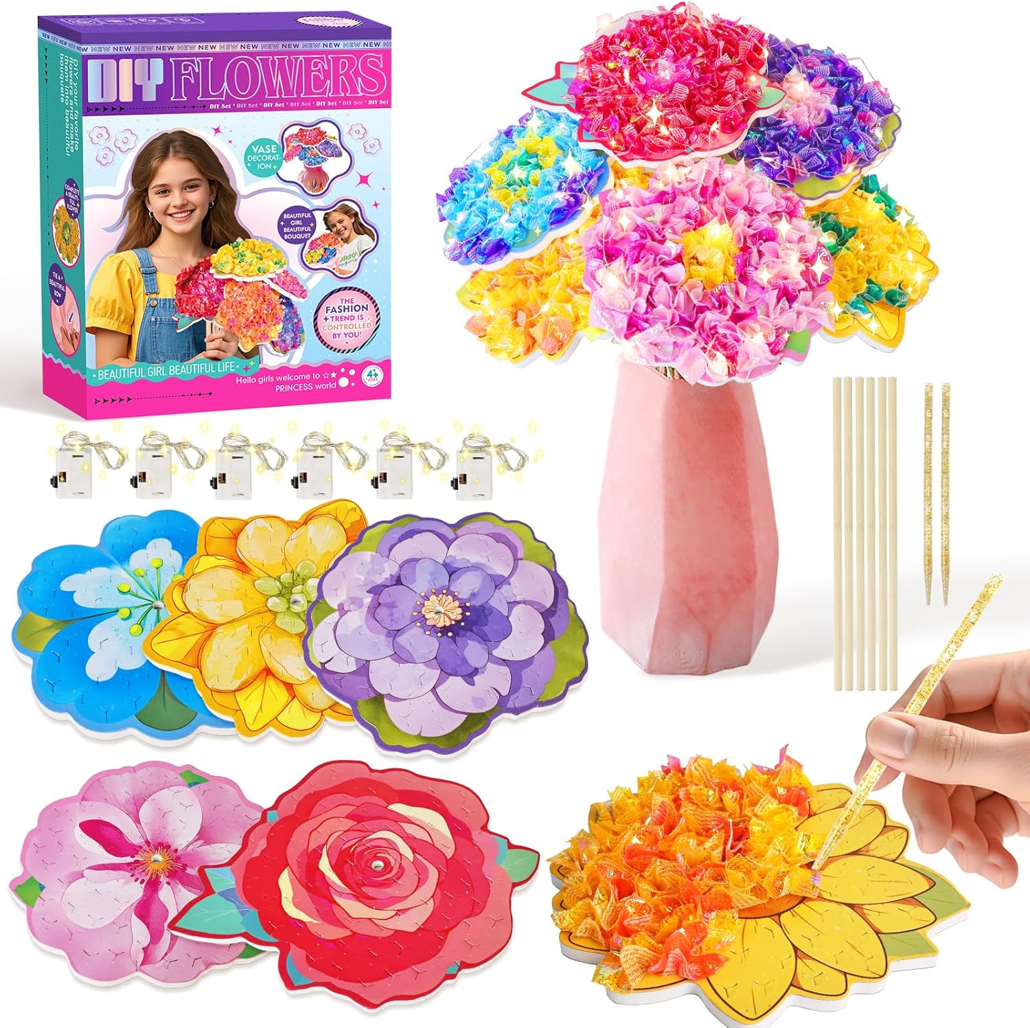 Vinkp Flower Bouquet Art Craft Kit, Arts and Crafts for Kids Ages 4-8, Poke Kit with with 6 Flowers & 6 Light Strings, Mess-Free for Girls & Boys, Craft Gift for Girls Ages 4, 5, 6, 7, 8+