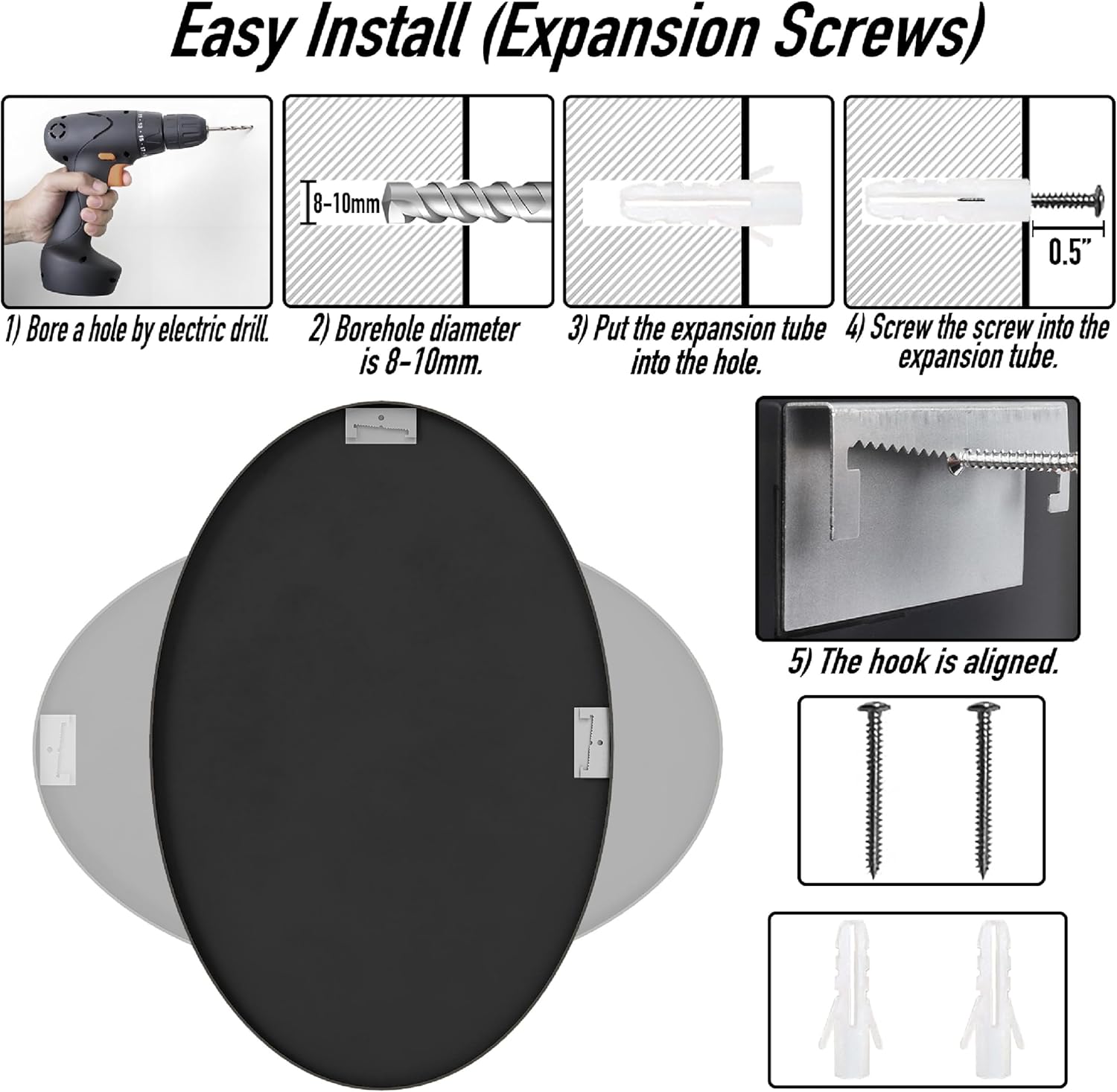 SCWF-GZ 20x30 Oval Mirror Round Full Length Wall Mounted Hanging or Against Wall Aluminum Alloy Metal Frame Dressing Make-up Mirrors for Entryway Bedroom Bathroom Living Room 30 20 inch Black