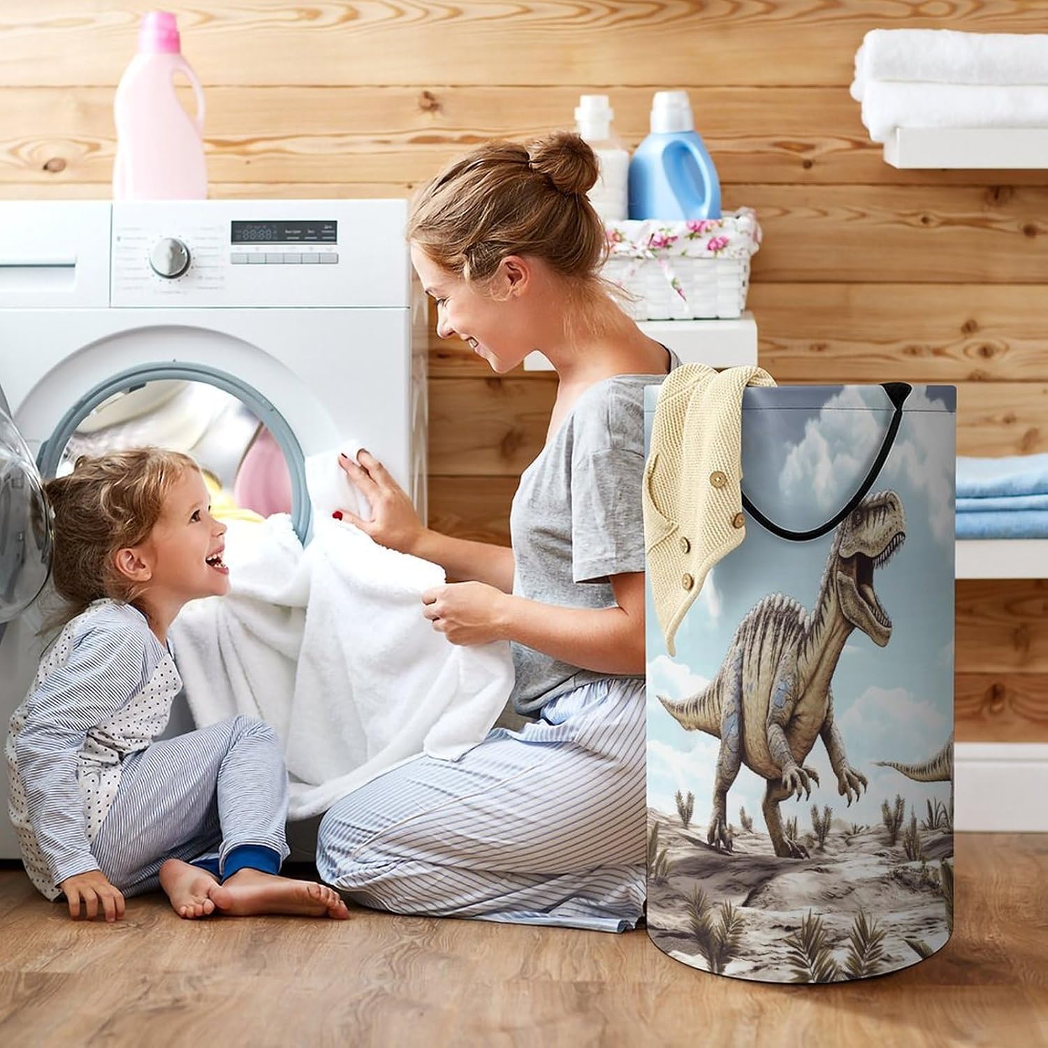 Large Laundry Basket Collapsible Dirty Clothes Basket with Carry Handles Portable Waterproof Freestanding Dinosaur Walking Dinosaur Walking Laundry Hamper for Bathroom Bedroom Laundryroom Dorms 86L