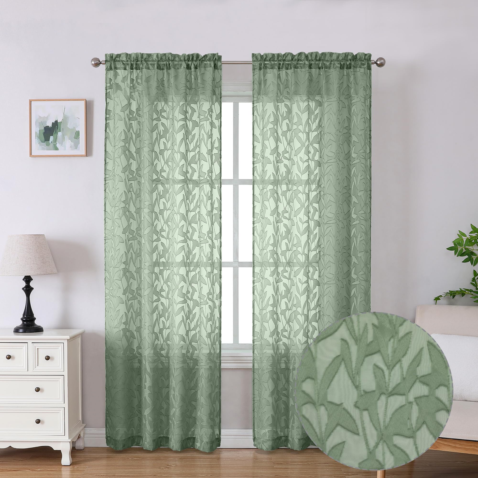Lecloud Leia Living Room Sheer Curtains 84 Inches Long 2 Panels, Sage Green Leaves Jacquard Clip Voile Curtains with Dual Rod Pocket, Farmhouse Gauzy Curtain Drapes for Bedroom French Door, 38x84 Inch — image 1