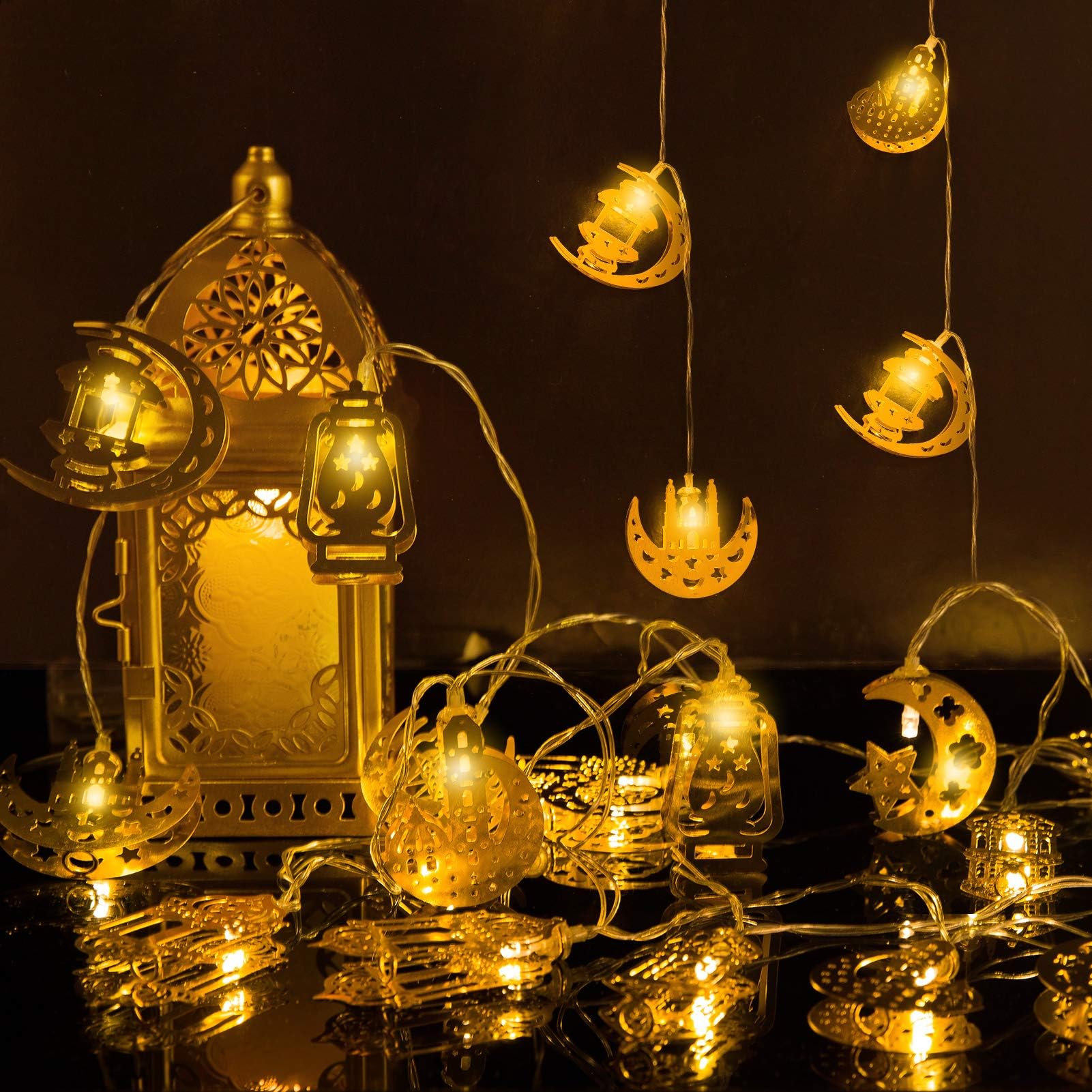 Ramadan Eid String Light- 9.8ft 20LEDs Eid Moon Star Kerosene Lantern Lamp Mubarak Islam Decorative Indoor Lantern Lights String with 2 Flash Modes for Muslim Islamic Home Garden Patio Decor Supplies