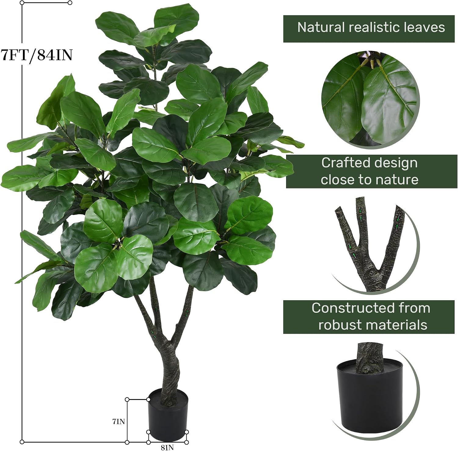 Artificial Fiddle Leaf Fig Tree 7FT Tall Large Faux Trees with Realistic Leaves, Fake Tropical Floor Potted Artificial Plants for Home Office Living Room Indoor Outdoor Decor (84in,1Pack)