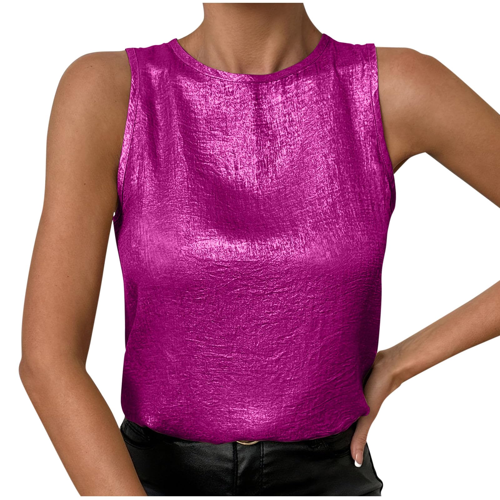 Women Round Neck Metallic Tank Top Sleeveless Shiny Party Club Shirts 2025 Summer Trendy Going Out Blouse