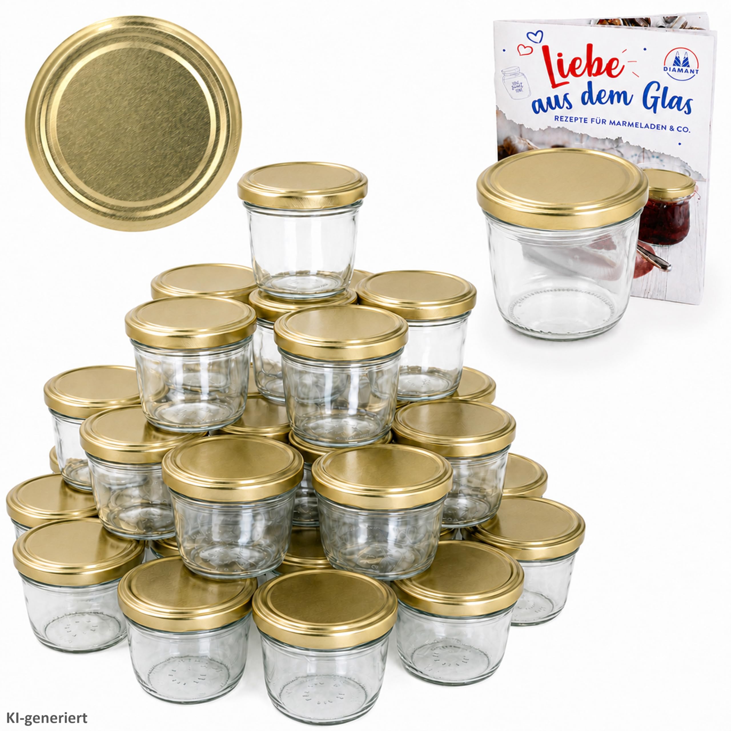 MamboCat Set di 100 vasetti in vetro da 230 ml, per marmellate e conserve, coperchio dorato 82, incluso ricettario di Diamant-Zucker Gelierzauber