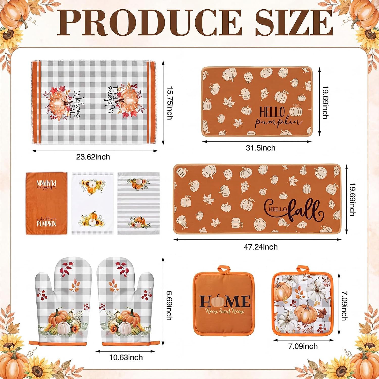 10 Pcs Fall Kitchen Decor Set, Fall Microfiber Kitchen Towels Pot Holders and Oven Mitts Non Slip Linen Rugs Mats Set for Orange Pumpkin Autumn Thanksgiving Accessories
