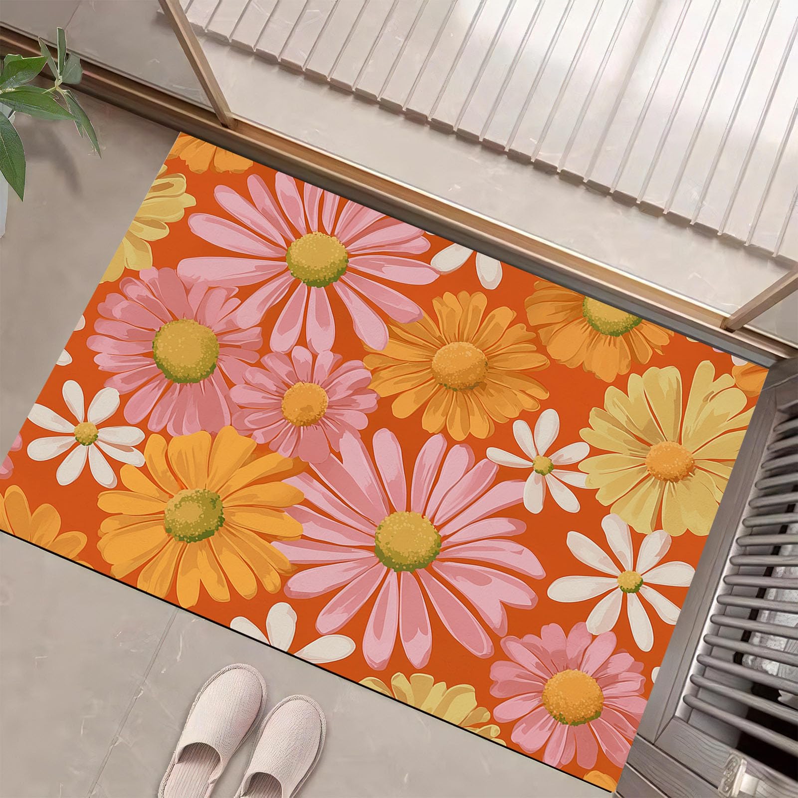 Paillasson d'intérieur 50x80cm lavable en terre cuite avec motif marguerite vintage