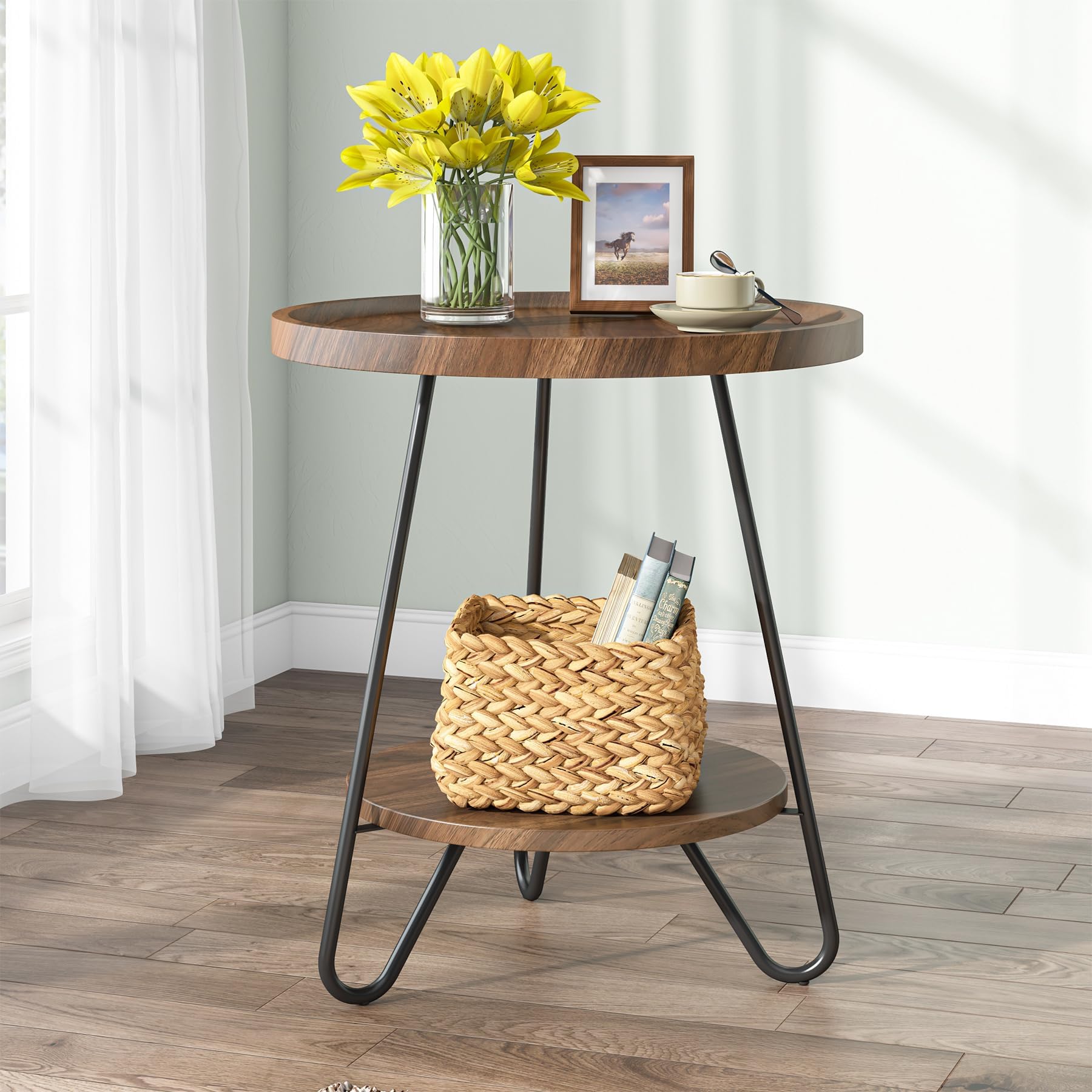 Tribesigns Round Side Table, 2Tier End Table with Metal Legs, Modern