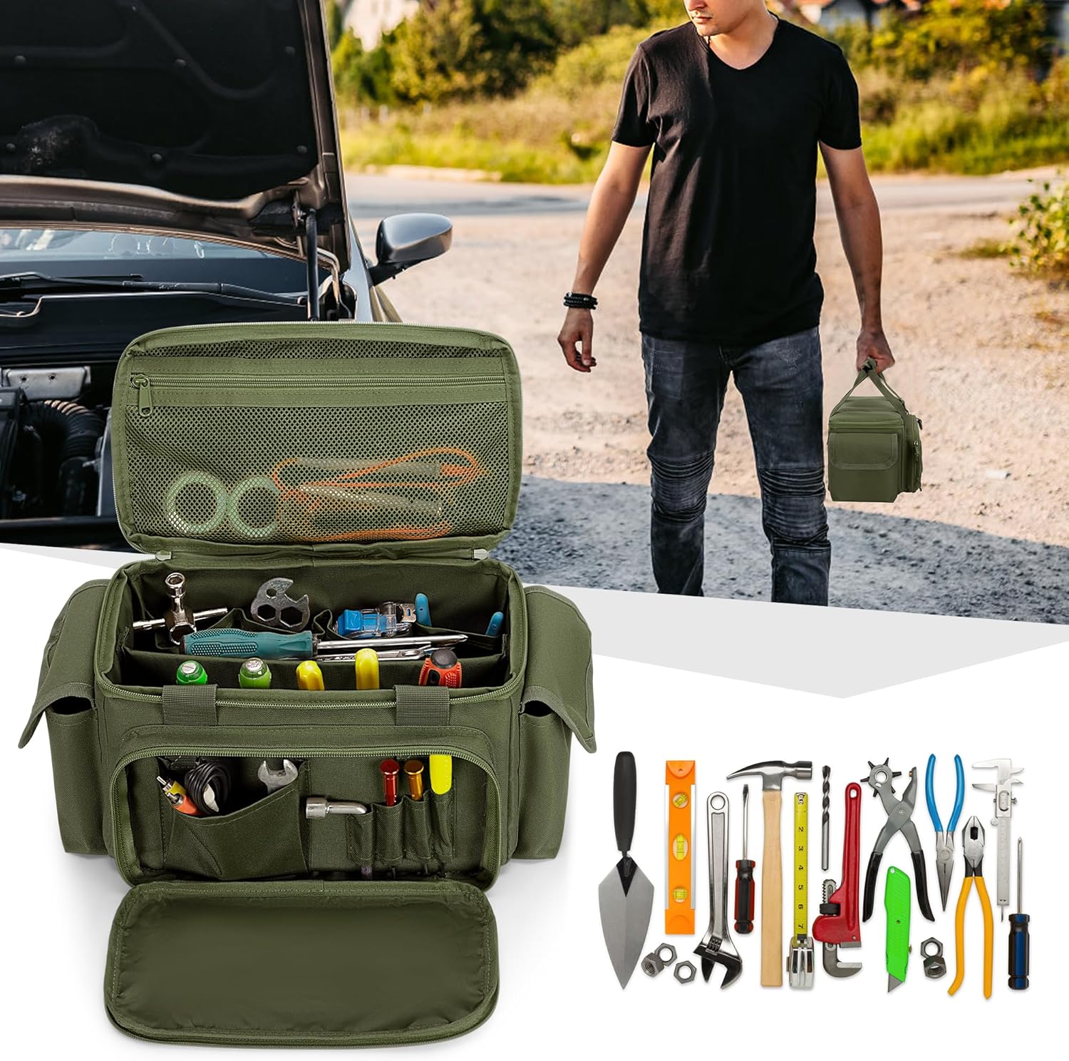 Rexmica Small Tool Bag with Anti-friction and Thick Padded Bottom, Tool Storage Organizer for Men, Tactical Range Bag, Multi-functional Work Bag for Repairman, Electrician, Carpenters (Green)