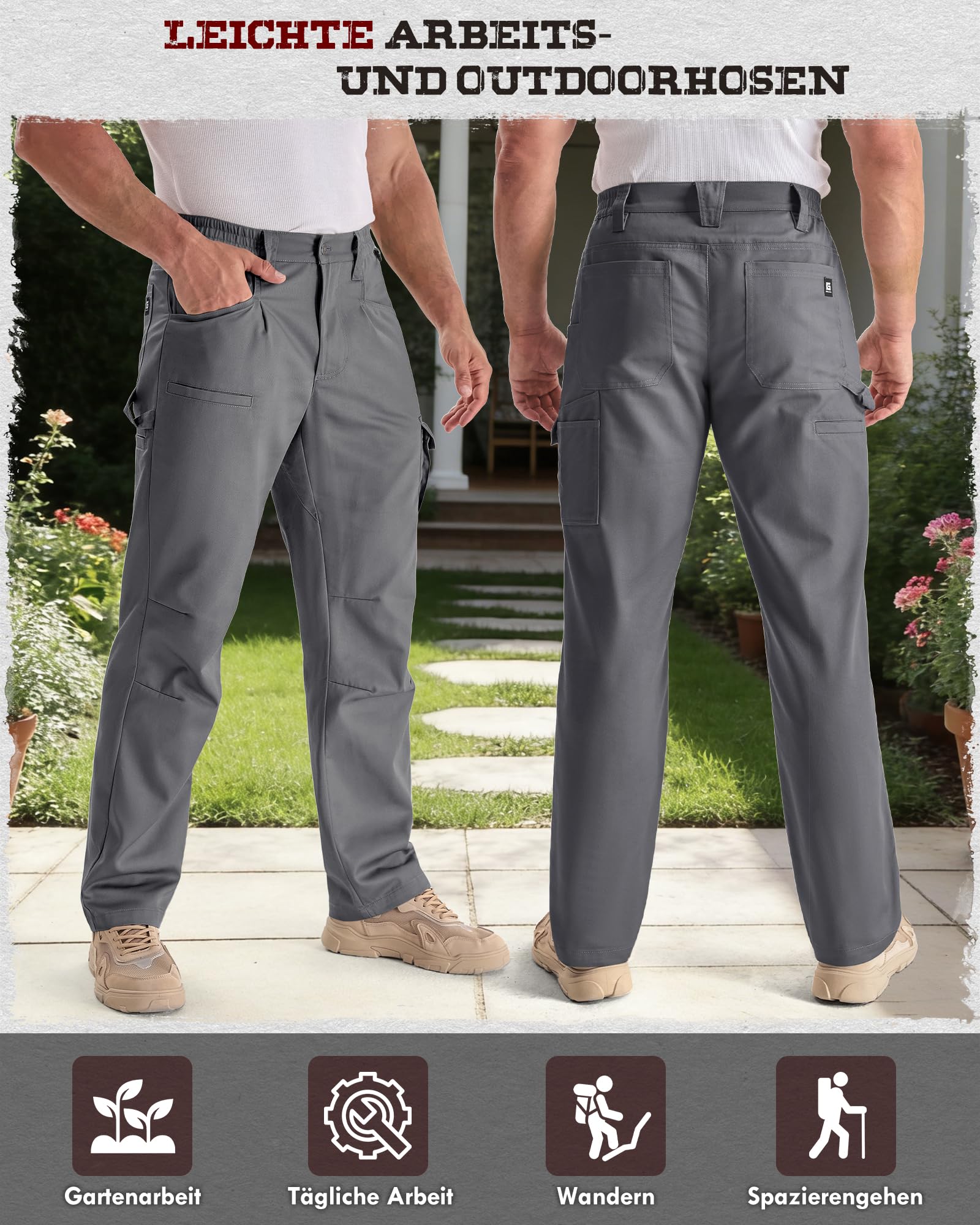IGOLUMON Arbeitshosen Männer mit 13 Taschen Cargohose Herren Leichte Taktische Hose Herren mit Elastische Taille Verstärkt Abriebfest Gartenhose Hiking Reisen - 3