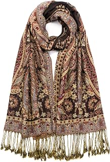 QIUTIMIY Reversible Paisley Pashmina Shawl Wrap for Women - Vintage Jacquard Fringe Scarf for Wedding, Evening, Rave (78x27in)