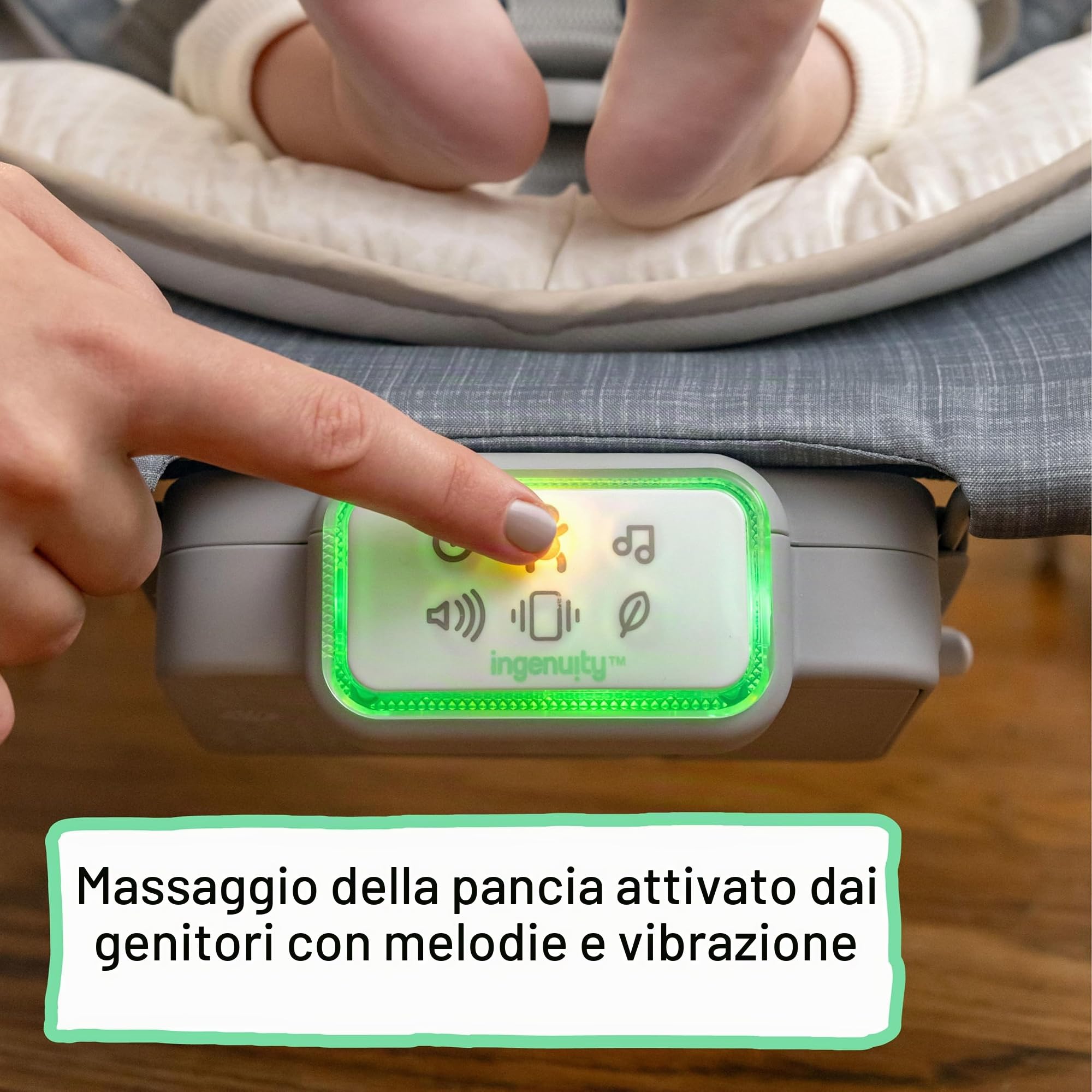Ingenuity, Sedile sdraietta-dondolo Happy Belly, con musica, vibrazioni, barra dei giocattoli rimovibile bradipo di peluche, 0-6 mesi, grigio - Parker