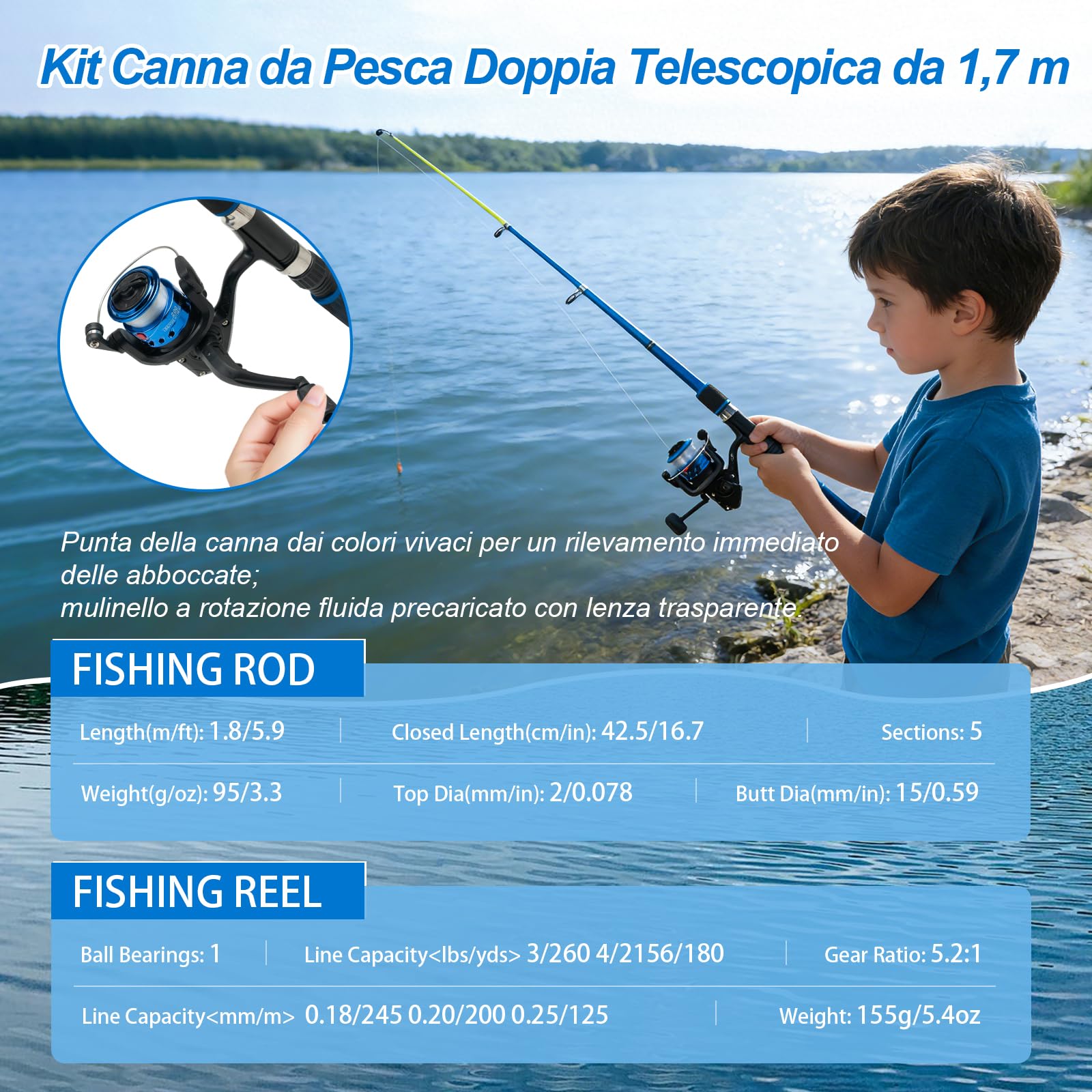 Kit Iniziale per Bambini e Principianti, 2 Canne da Pesca Telescopiche Portatili 1,8m con Mulinello Spinning 5.2:1, Set Completo con Lenza, Esche, Accessori e Borsa per Acqua Dolce e Salata