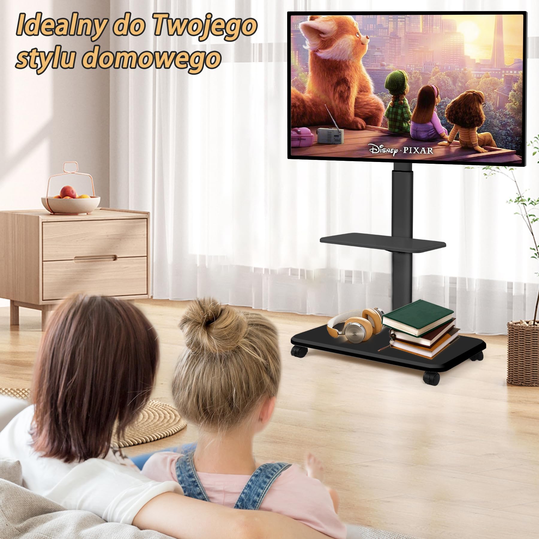 Stojak na kółkach do TV LED OLED o przekątnej 32"-70", płaski, zakrzywiony, do 100Ibs. Regulowana wysokość. Mobilny wózek pod TV z blokowanymi kółkami i półką do sypialni, biura na zewnątrz, czarny