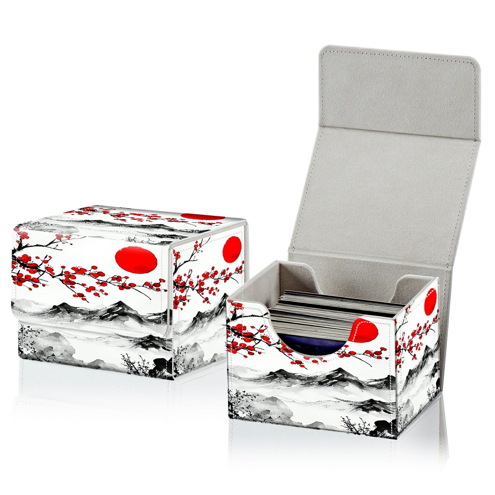RWUTYTIUL Card Deck Box for MTG, Cards Storage Box Fits 120+ Sleeved, Leather Small Size Strong Magnetic Closing Card Case for Board Games Magic TCG CCG Baseball Collection, Sunset Plum Blossom