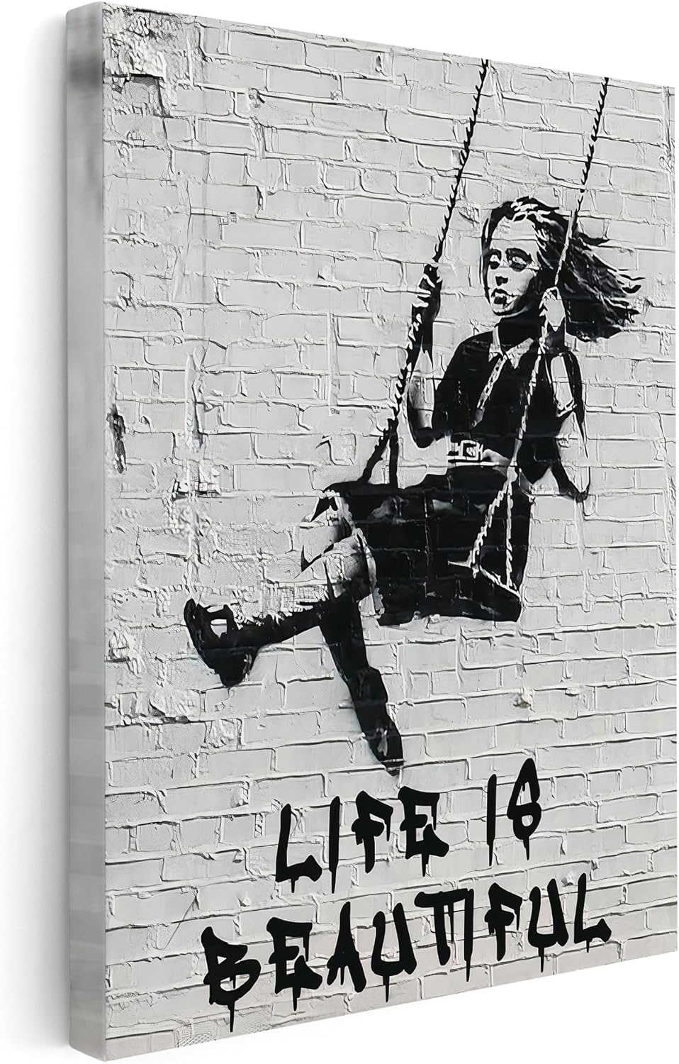 Poster Master Girl On Swing Canvas - Life Is Beautiful Print - Banksy & Street Graffiti Art - Positive Quotes Design - Abstract Art - Kid's Room or Bedroom Wall Decor - 8x10 STRETCHED Canvas