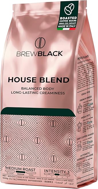 BrewBlack House Blend 100% Arabica Coffee Beans, Smooth Medium Roast, Intensity 3/5, Balanced Flavour with Long-Lasting Creaminess, Roasted and Packed in Italy with Micrometric  Technology