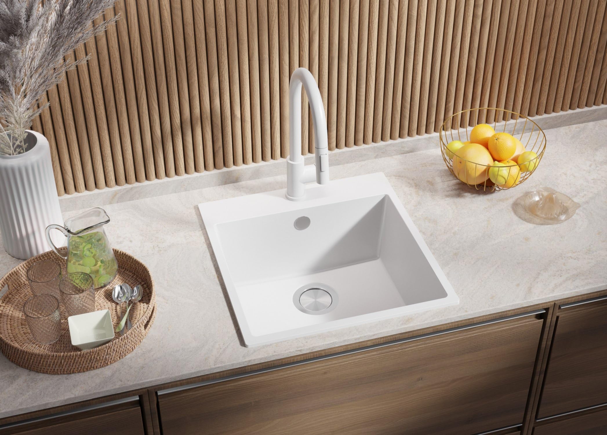 PRIMAGRAN Fregadero Granito Blanco 48x50cm, Cocina 1 Seno + Grifo 32x20cm + Sifón, Sobre Encimera al Mueble 50cm - Riga S227