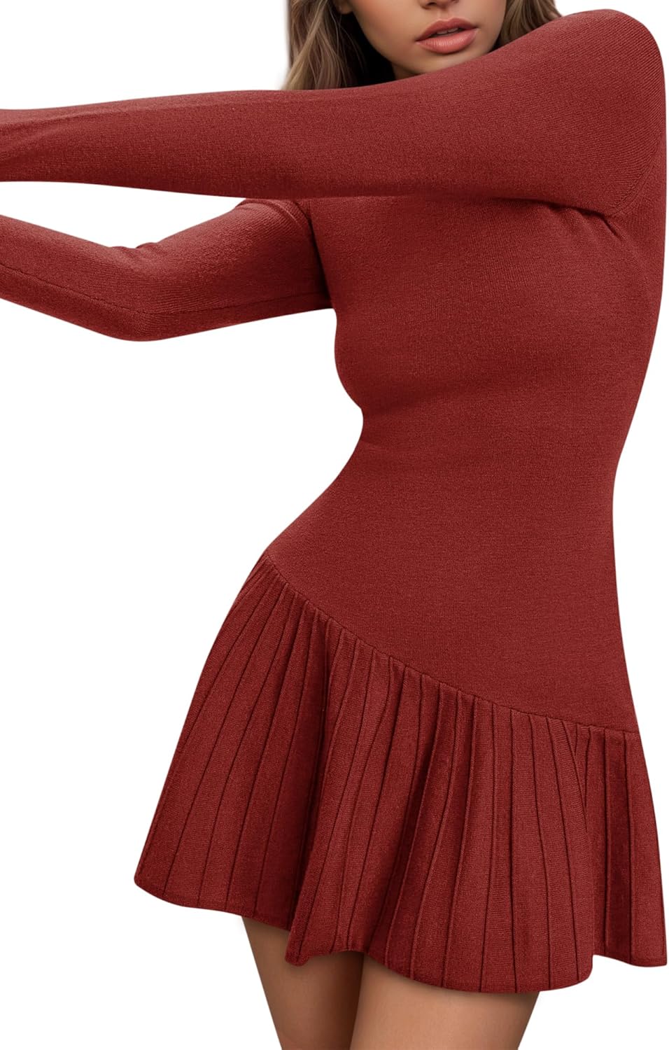 Women's Sweater Dress Crochet Ribbed Knit Ruffle Hem Flared Long Sleeve Mock Neck Mini Dress - Image 5