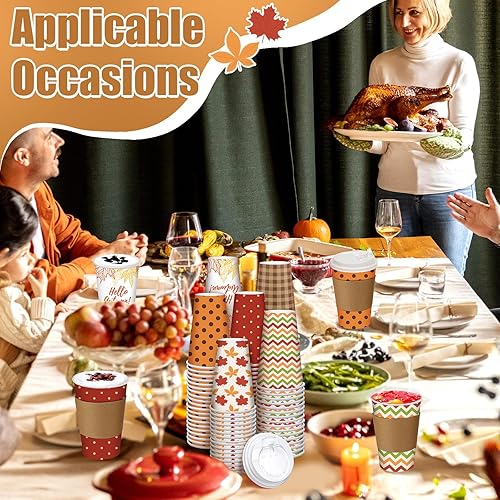 Miniatura 6 de Sosation 90 piezas30 juegos de tazas de café de papel Hello Autumn de 16 onzas, tazas desechables de otoño con tapas y mangas, hojas de arce, vasos