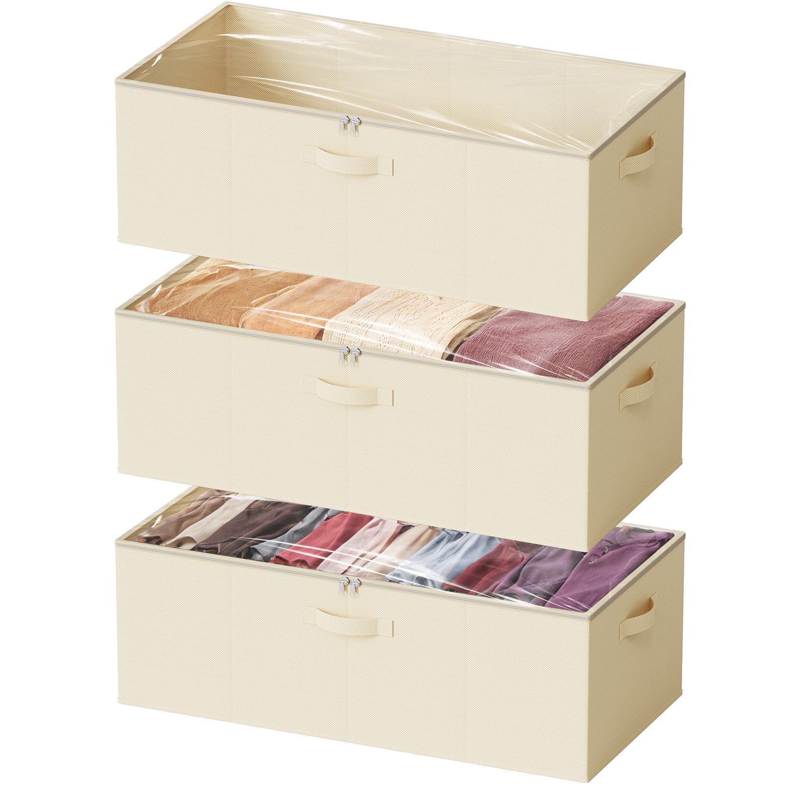 SpaceAid 3 Pack 10" High Under Bed Storage Containers, Large Underbed Storage Organizer Bins with Lids for Bedroom, Dorm, Clothes, Closet Organization, Bed Sheets and Blankets (Beige)