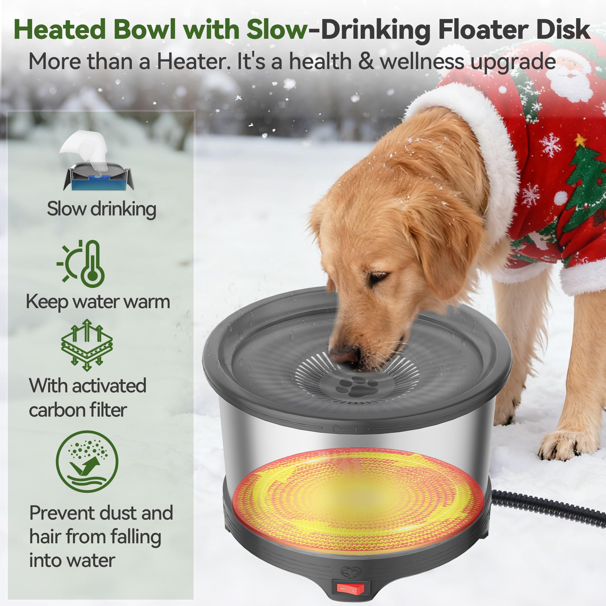 Cuenco térmico para perros de 6,5 L, cuenco de agua caliente de acero inoxidable para exteriores | Gran capacidad, diseño de bebida lenta, agua tibia para perros en invierno, control de termostato, cuenco sin congelación