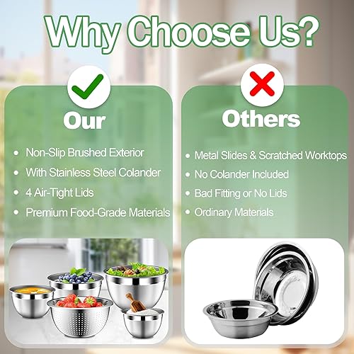 Miniatura 3 de Juego de tazones para mezclar con tapas, cuencos de acero inoxidable con colador, colador con juego de tazones para mezclar, utensilios de cocina,