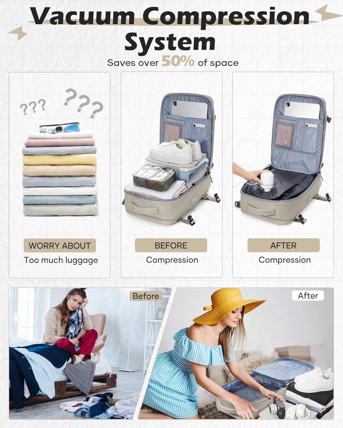 SEAFEW Large Travel Vacuum Backpack, Seal Compression Vacpack with Travel Pump, Carry on Suitcase Luggage Flight Approved for Men Women Personal Item, Brown Brown With Us-spec Electric Air Pump image 3 of 9 B0FD31QVQD