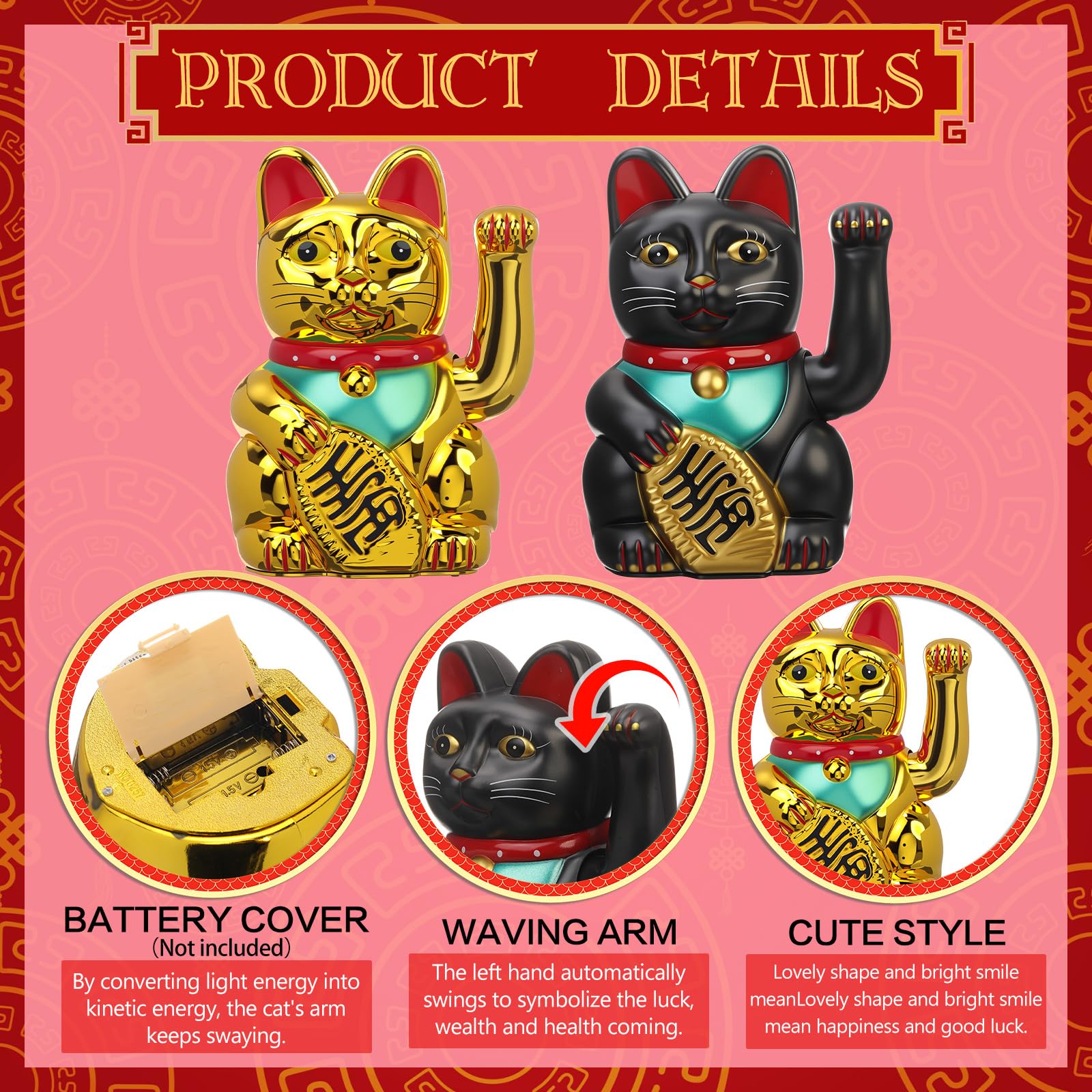 2 piezas de 7 pulgadas de gato de la suerte agitando brazo Maneki Neko Lucky Fortune Cat Fengshui decoración acogedora para el hogar, oficina, restaurante, tienda, regalos, decoración, funciona