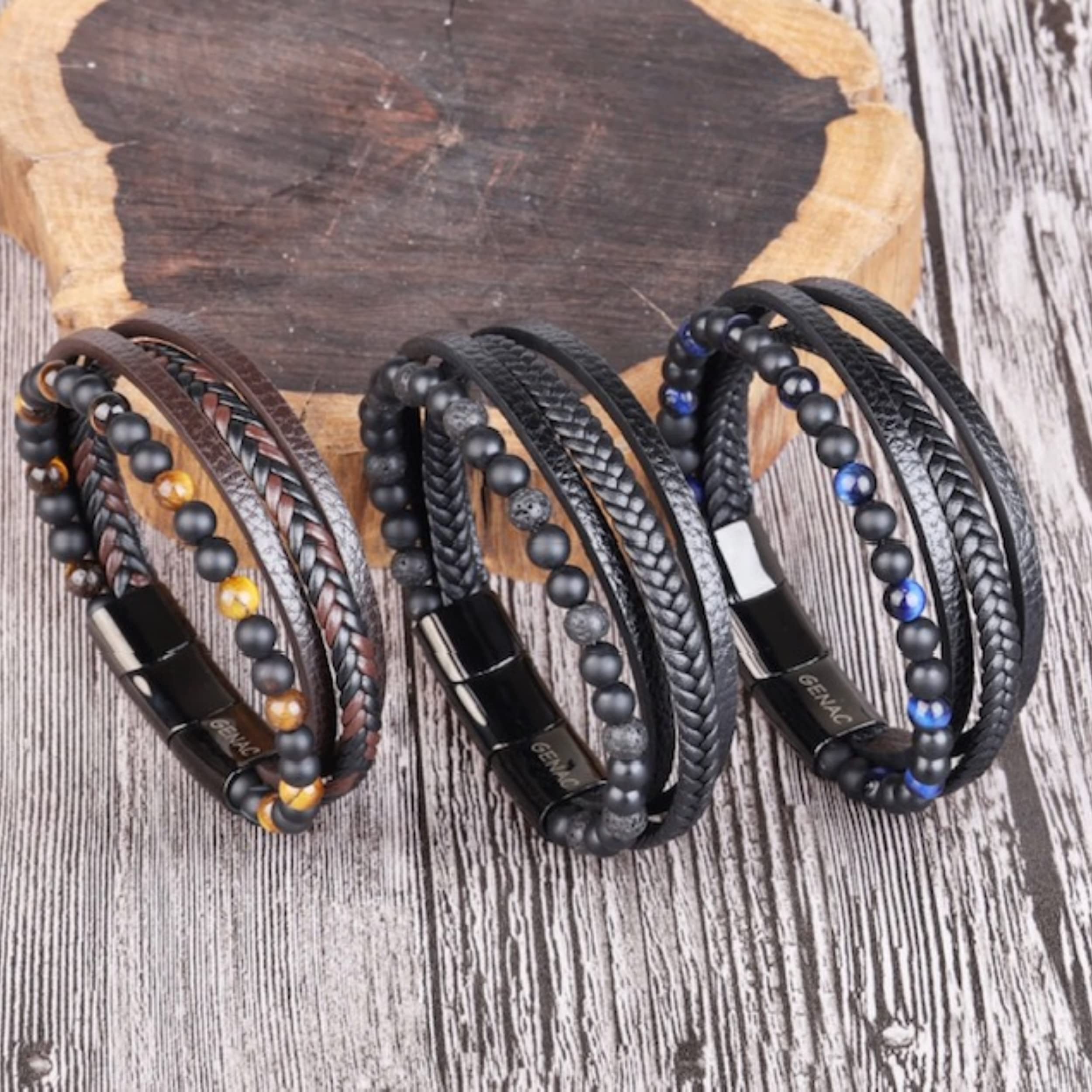 Bracelet Pour Homme En Perles De Pierres Naturelles 6mm Et Cuir Véritable Multi Tissé Avec Fermoir Magnétique Amovible En Acier Inoxydable Pour Régler Facilement La Longueur.