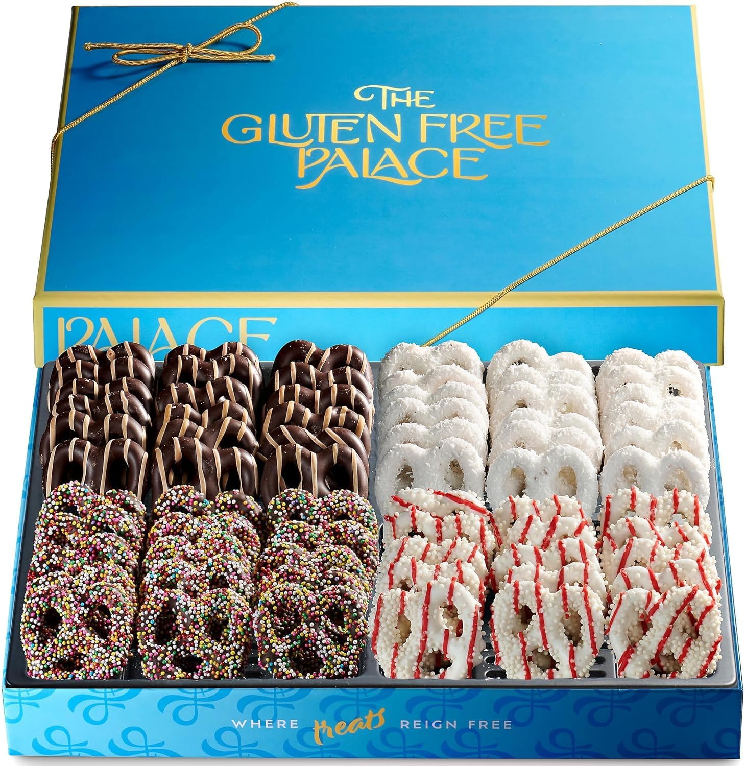 Gluten Free Palace Assorted Chocolate Covered Pretzels Gift Box (4 Flavors) | Gluten free chocolate covered pretzels. Sweet & salty Mother's Day treat basket for Mom, wife, women, family & friends.