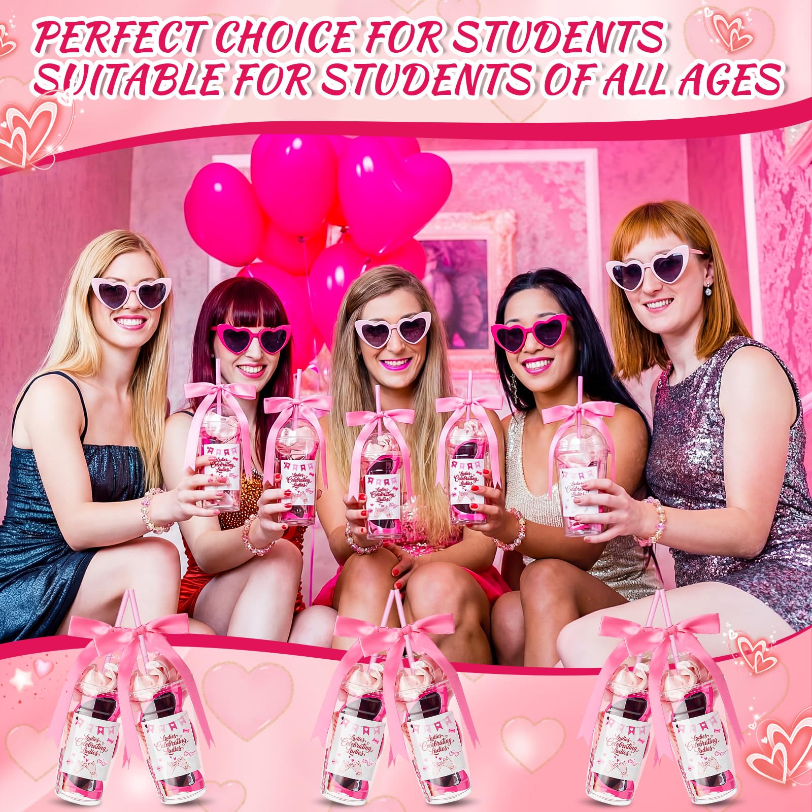 60 Pcs Galentine's Day Gift Include Pink Scrunchies Hair Clips Heart Sunglasses Bracelets Compact Mirrors Nail File Gift Cups and Straw Greeting Cards for Women Friend Bestie Valentine Party Favors