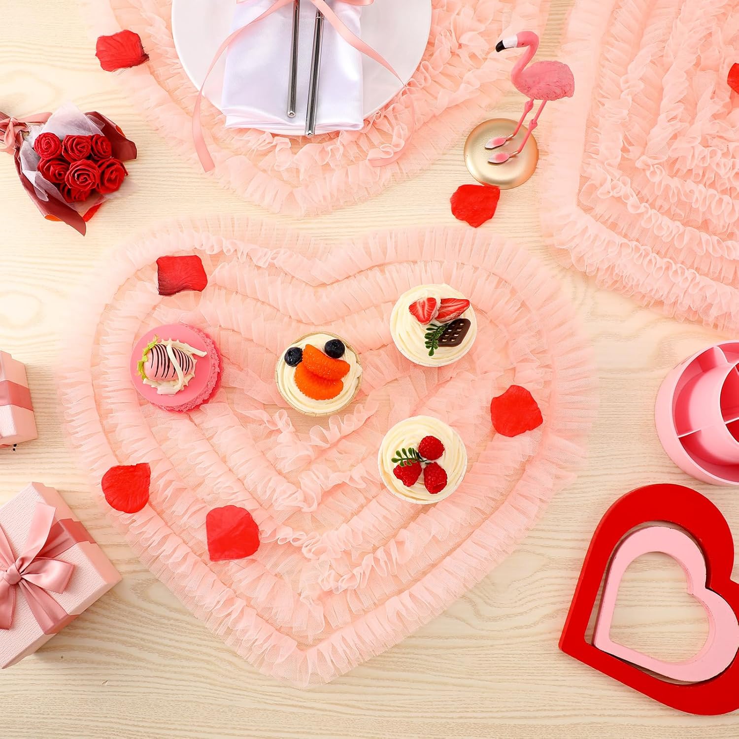LemonRoad 4 Pcs 16.5 Inch Pink Ruffle Placemats Valentine's Day Heart Shaped Place Mats Resistant Washable Mesh Kitchen Mats for Wedding Anniversary Valentine's Day Decor