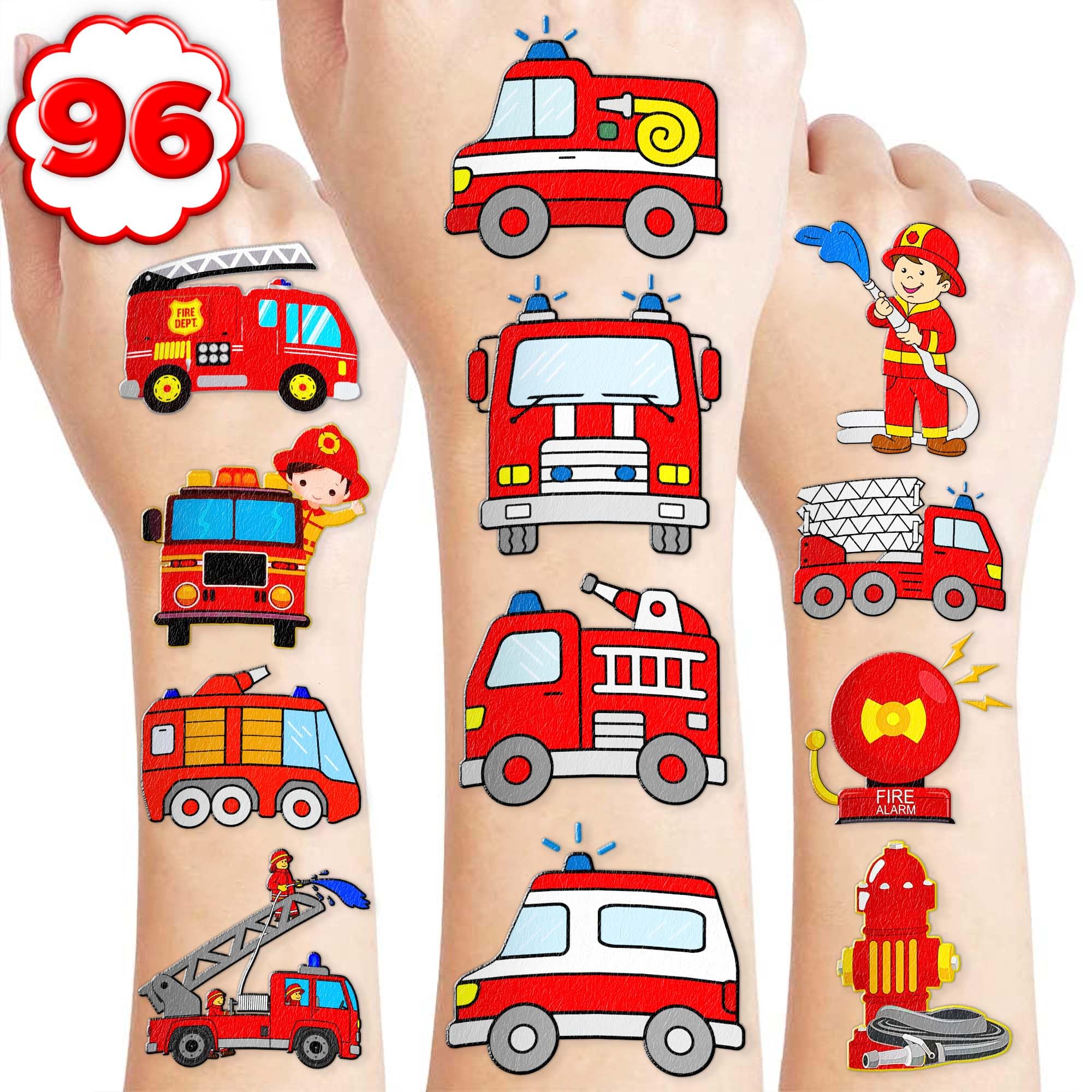 96PCS Fire Truck Pre-Cut Temporary Tattoos for Kids – Firefighter Party Favors Supplies, Emergency Vehicle Theme Decorations, Fireman Birthday Tattoo Stickers for Boys Girls Classroom Rewards