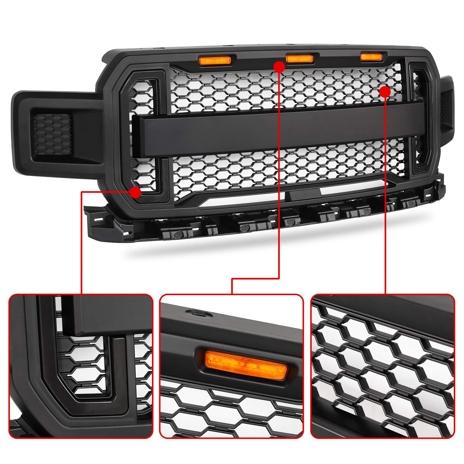 Modifying Raptor Style Grille Mesh Grill, Compatible with Ford F150 F-150 2018 2019 2020, With DRL & Turn Signal Lights - Matte Black