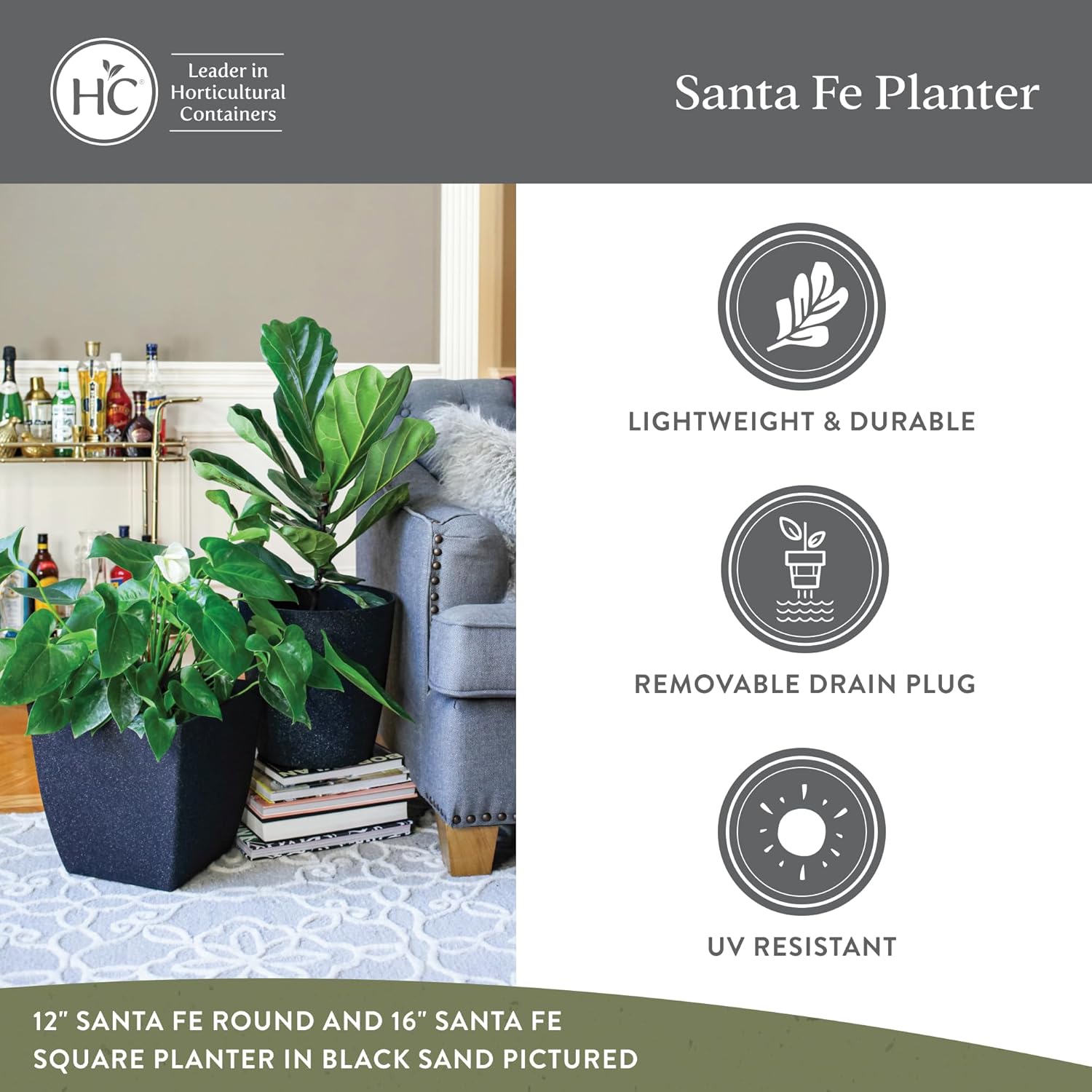 The HC Companies Santa Fe Square Self-Watering Pot - Lightweight Plastic Planter for Herbs & More - Durable Plant Pots for Indoor Plants & Outdoor Plants (12" Pebble Gray, Pack 1)