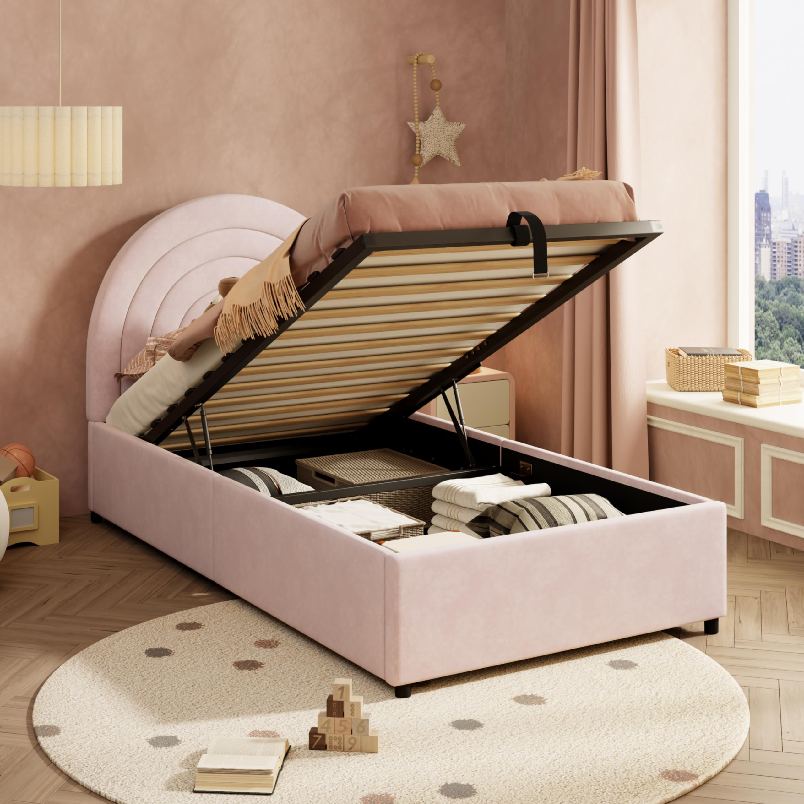Moimhear Cama tapizada, 90 x 200 cm, cama infantil, cama individual con somier y cabecero, cama juvenil, con listones de madera (terciopelo, rosa)