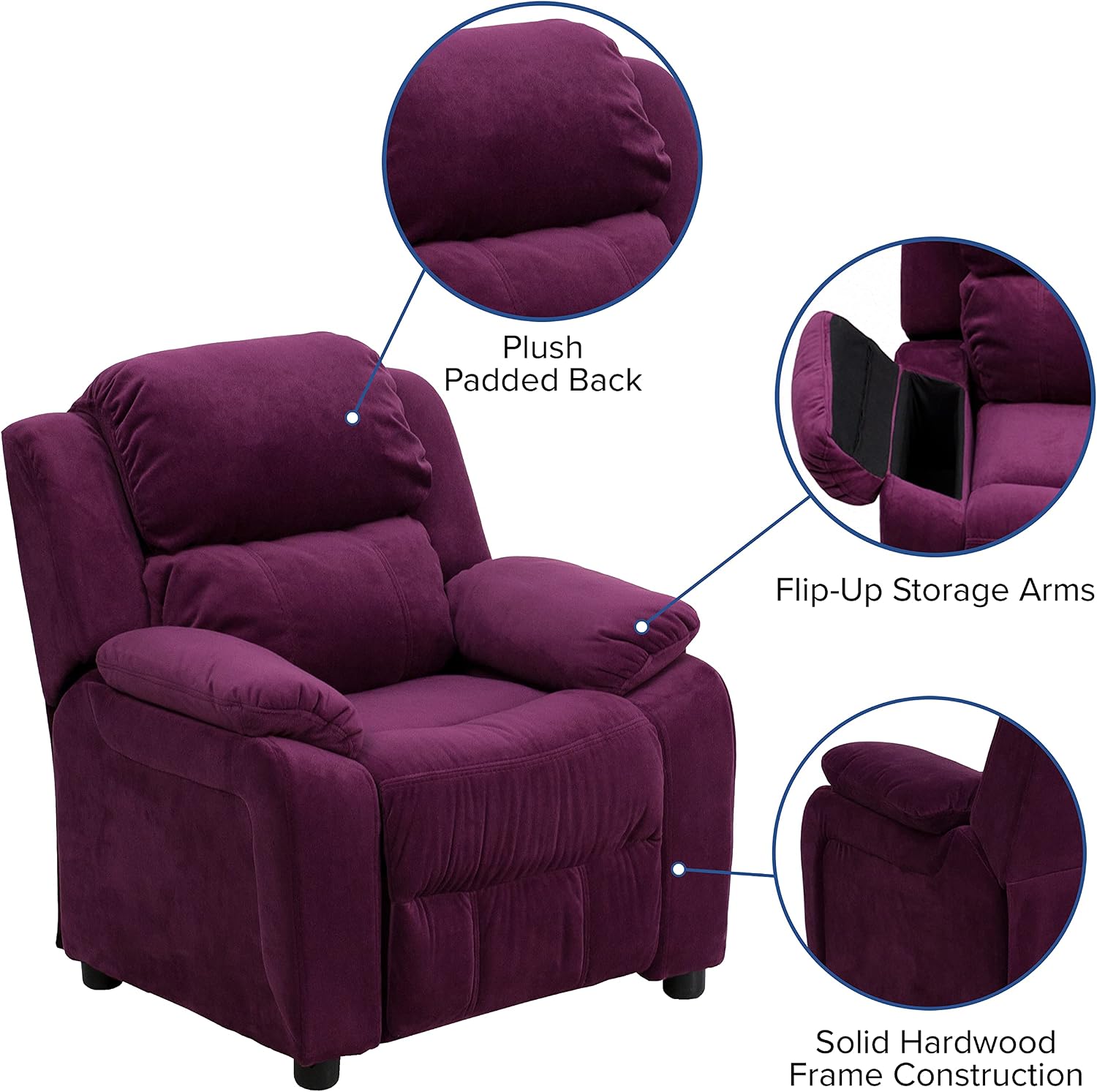 EMMA + OLIVER Deluxe Padded Purple Microfiber Kids Recliner with Storage Arms