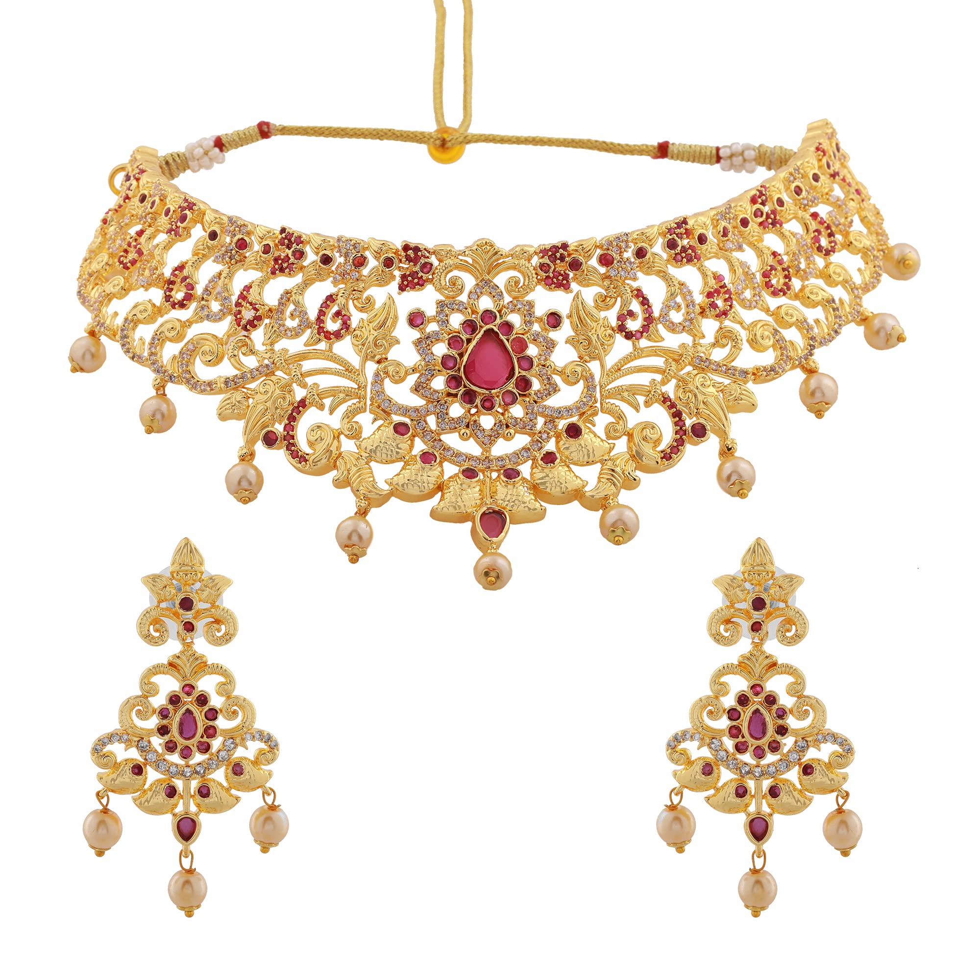 Gold Plated CZ Magnificent Bridal Choker Necklace Set With Pearls for Women-image-16