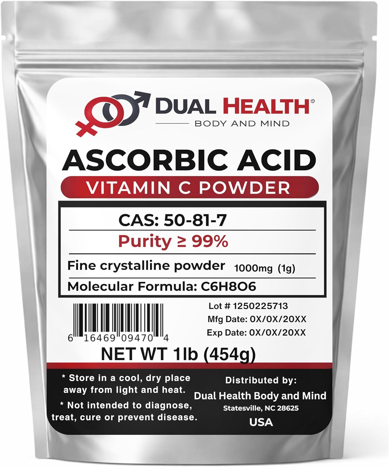 Ascorbic Acid (1 lb) Pure Vitamin C Powder High Potency Food Grade Cell and Immune Support Non-GMO Soluble Fine Crystals Antioxidant Bulk Supplements Skin Hair Bones Teeth Nails